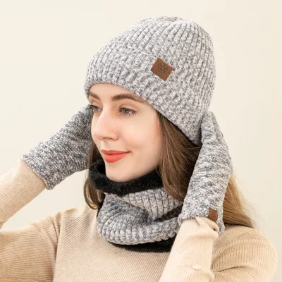 2025 Plain Style Winter Warm Beanies Scarf Set Knitted Cotton Gloves and Windproof Cashmere Scarf  for Adults