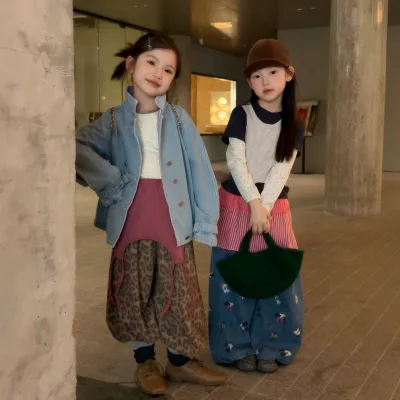 Girls Outfit Autumn New Korean-Style Washed Cotton Two-Piece Patchwork Floral T-Shirt Cartoon Casual Wide-Leg Denim Pants