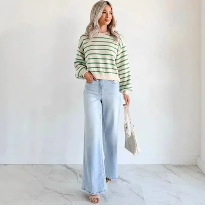 New Stylish Womens Loose Winter Mid-rise Light-colored Wide-leg Floor-length Denim Pants with Extra-wide Flared Legs Jeans Women