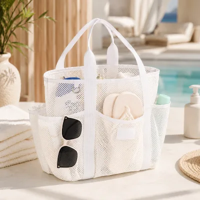 Custom Logo Mesh Shower Caddy Bag Multi Pocket Portable College Dorm Shower Tote for Gym Pool Bathroom and Travel