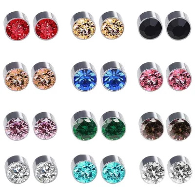 Wholesale Stainless Steel Magnetic Ear Clips with Colorful Zircon Stones, Sparkling and Eye-catching, No Piercings Needed