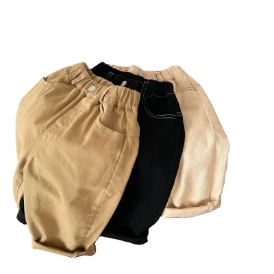 Children's Pants 2023 Spring New Boys Girls Solid Color Stretch Cotton Pants Baby Casual Straight Elastic Cargo Pants