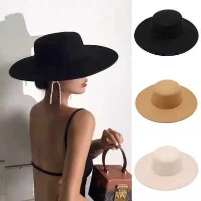 Wholesale Plain Colors Adult Big Wide Brim Width Panama Cpas Polyester Felt Flat Top Boater Hat
