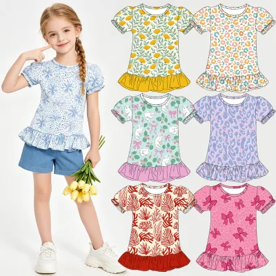 2026 New in Toddler Girls Summer Puff Sleeve Peplum Top Ruffle Hem Casual Blouse High Quality Children Knitted Tunic Top