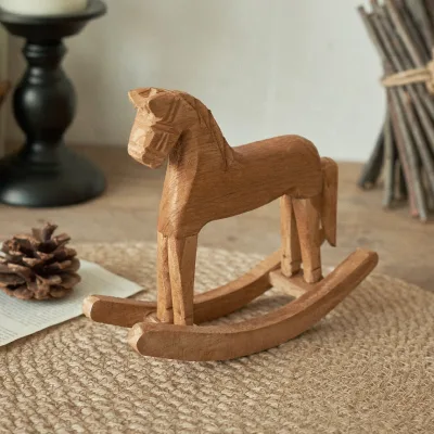 Pine Wood Rocking Horse Tabletop Ornament Carved Wooden Horse Figurine Table Decoration Craft Home Art Decor Toy