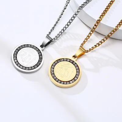 Muslim Islamic Religious Jewelry Cubic Zirconia Gold Plated Pendant Stainless Steel Allah Necklace for Men Women