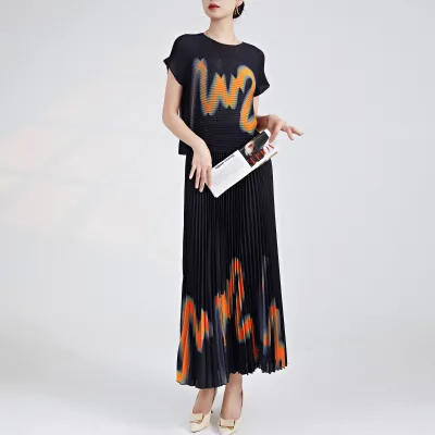 Fashion Casual Geometric Pattern Pleated Skirt One Set Women's Summer 2 Piece Set 100% Polyester Eco-Friendly Quick Dry