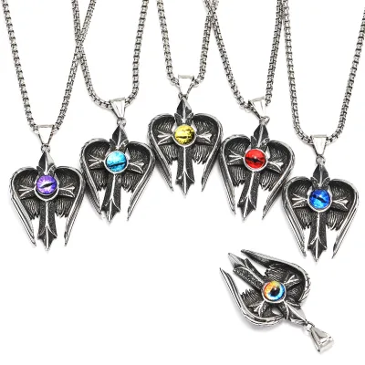 Stainless Steel Devil's Eyes Cross Pendant Hip Hop Punk Hipster Angel Wings Titanium Steel Necklace for Men and Women