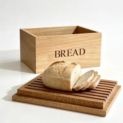 Engraved Wooden Bread Storage Bin with Matching Wooden Bread Cutting