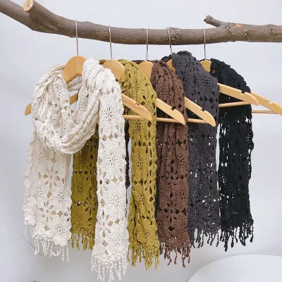 Spring and Autumn Neckwarm Scarf Soft Warm Lace Crochet Flower Long Knitted Thin Shawl Scarves