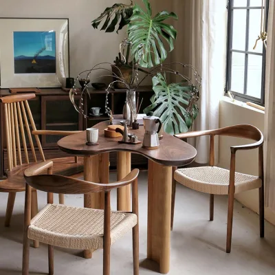 Durable Cafe Chair with Rope Woven Backrest Solid Wood Dining Chair for Home or Coffee Shops Simple and Casual Design