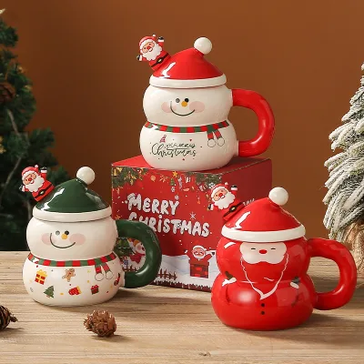 New Christmas Ceramic Cup With Lid and Spoon Large-capacity Ceramic Coffee Cup Dishwasher Safe for Holiday Gift