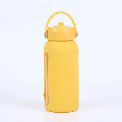 Custom Print Logo Reusable 800ml Matcha Glass Hydration Bottle Silicone Sleeve with Portable Loop
