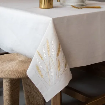 Custom Embroidered Linen Tablecloth with Wheat Motif Natural White Dining Table Cover Rustic Farmhouse Scandinavian Table Decor