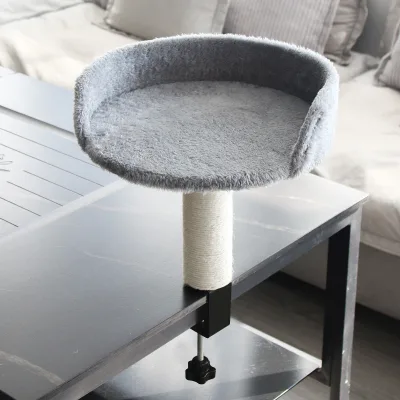 Plush Cat Desk Bed with Scratching Pillar Soft Padding Kitten Cuddle Bed, Desktop Cat Furniture with Sisal Scratch Post