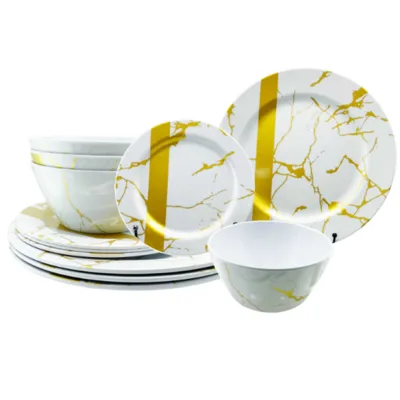 Elegant Golden Line Design Melamine Dinner Set Durable Customized Melamine Bowls and Plates Unbreakable Melamine Dishes