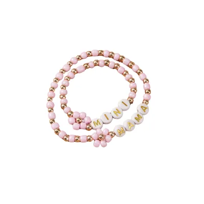 Bohemian Style Mother's Day Gift Mama Parent-Child Beaded Flower Woven Heart Bracelet 2-Pack Set