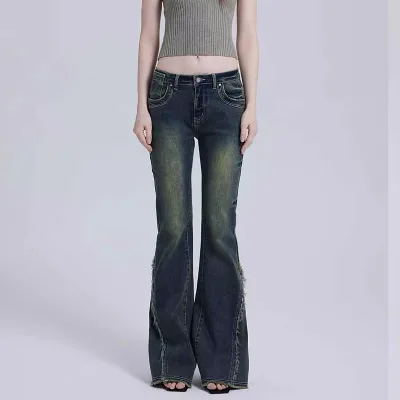 Wholesale Custom Casual Washed Blue Wide Leg Raw Edge Jeans Women's Flared Denim Pants Baggy Trousers