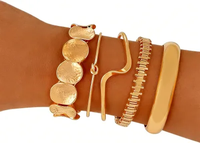 ILGANT Women's Gold Plated Alloy Chunky Cuff Bangle Bracelet Stackable Multi-Layer Fashion Jewelry Set