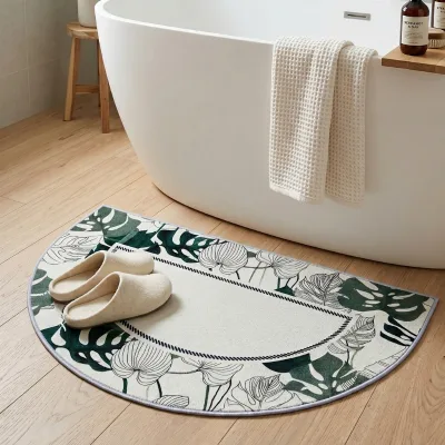 Tropical Leaf Semi-Circle Bathroom Mat Non-Slip Absorbent Bath Rug Quick Dry Washable Anti-Slip Rubber Backing for Shower Room