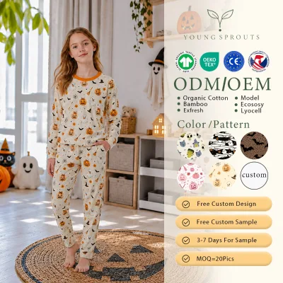Big Kids Girls Organic Cotton Long Sleeve 2 Piece Pajama Set Pumpkin Ghost Print Cozy Home Wear Bulk Private Label OEKO-TEX
