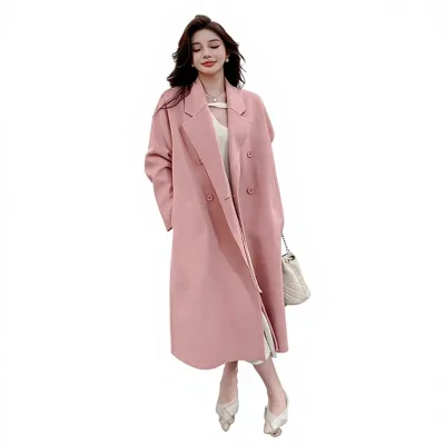 Women's Double Breasted Woolen Coat-Long Yarn Dyed 2024 Autumn/Winter New Fashion Loose Casual Korean-Style Wool Coat Outerwear