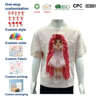 Embroidered Doll Tee with Changeable Outfits Birthday Gift for Girls 3D Doll Patch Tee 100% Cotton Interactive Doll T-shirt