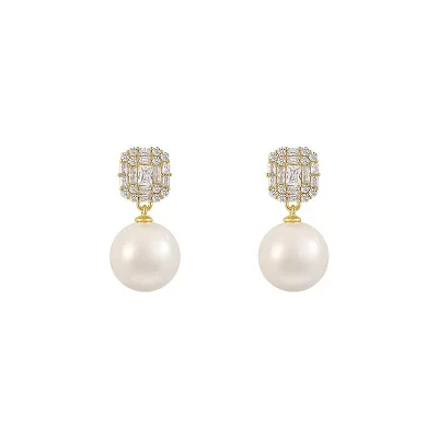 2025 New Hot Sale Fashion Sweet Wholesale Fine Jewelry Square Zircon Pearl Earrings Imitation Pearl Zircon Jewelry for Women