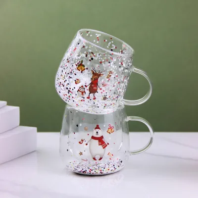 Creative Design Santa Claus Double Layer Coffee Milk Water Mug Glitter Glass Mug Christmas Gift