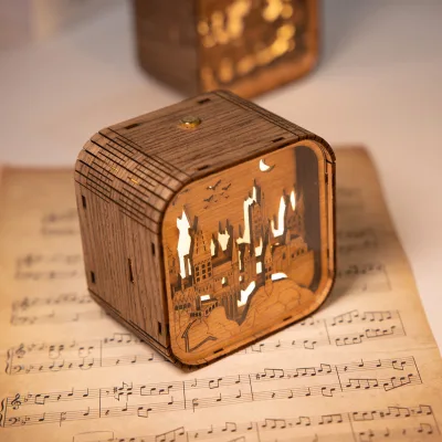 Retro Animation Hogwarts Soup House 3D Stereo Small Night Light Wood Paper Carving 3D Stereo Touch Music Box