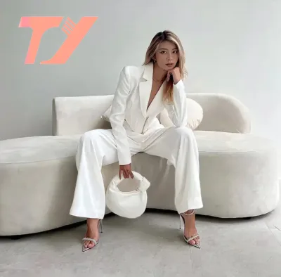 TUOYI Elegant Pants Suit Women Blank Long Sleeve Cropped Corset Blazer in White Outwear