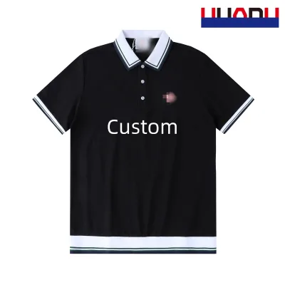 Men's Custom Embroidered Logo Striped Trim Polo Shirt 100% Cotton Breathable Short Sleeve Casual Golf Tops
