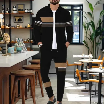 Men's Vintage Anti-Bacterial 2-in-1 Design Fleece Long Sleeve Winter Suit Striped Sweater Versatile Comfortable