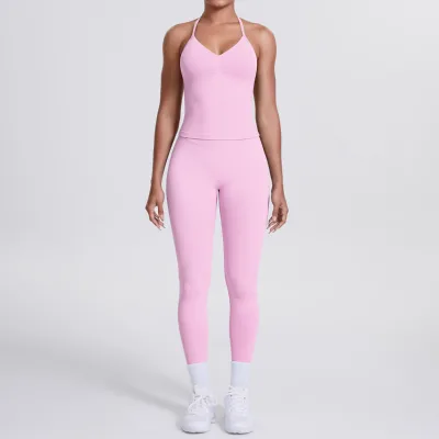 Seamless Solid Open-Back Tank Top and Pants Yoga Set Women's Tight Running Fitness Activewear 2-Piece Suit