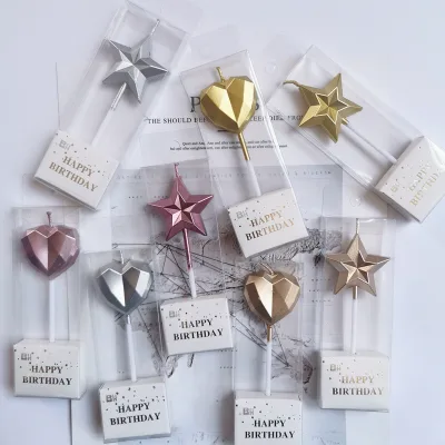 Birthday Cake Candles Palm Wax Diamond Heart Star 3D Five-pointed Star Cute Children's Party Supplies for Easter & New Year