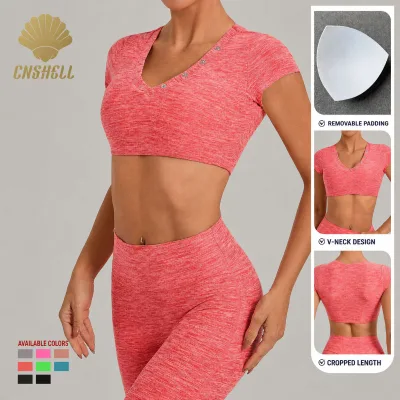 Trend 2026 Breathable Short Sleeve V-neck Workout Shirt with Removable Padding for Fitness Gym Yoga Crop Top