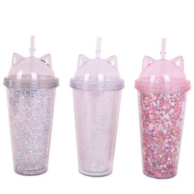 O269 Creative Twinkl Cartoon Sequins Cups Double Layer Wall Coffee Tea Drink Mugs Cat Ear Disposable Plastic Straw Cup