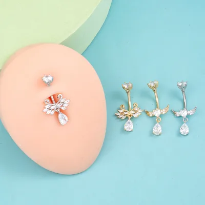 Sparkling Wings Navel Piercing Curved Shape Cygne Design Zircon Belly Button Ring Stainless Steel Sexy Beach Crystal Navel Ring