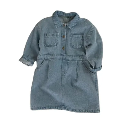High Quality Denim Single-Breasted Coat Dress for Little Girls with Long Sleeves Solid Design for Spring