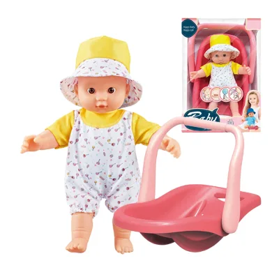 2 PCS 12-Inch Cotton-Body Molded Dolls with Portable Baby Cradle Toy Set - Yellow Outfit and Hat for Girl