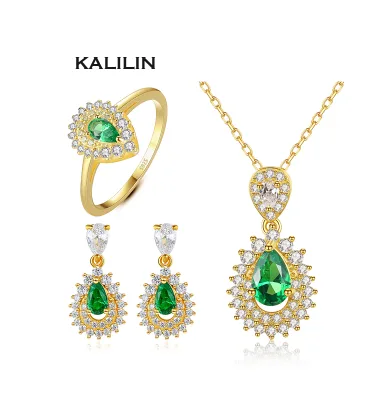 4*6mm Pear Cut Non Tarnish Jewelry Set 925 Sterling Silver Women Jewelry Set Gold earrings and pendant set
