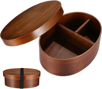 custom Brown Japanese wooden Bento Box Portable Sushi Bento e Style wooden bento box with compartments