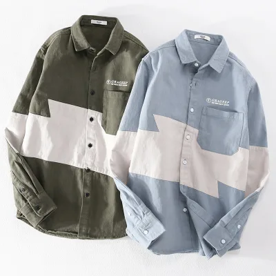 T-139 Spring and Autumn Long Sleeve Shirt Men's Loose Cotton Men's Splicing Work Shirt Youth Retro Fashion Men's Shirt