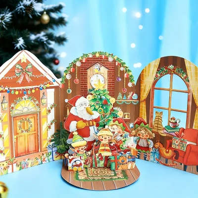 Handmade 3D Pop up Christmas Greeting Card Santa Claus Elf House Design Foldable Pop up Paper Card for Xmas Holiday Gift