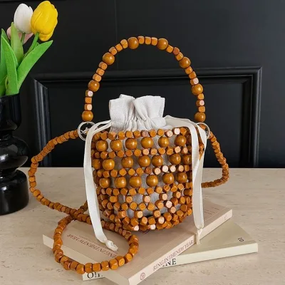 Retro Handmade Boho Summer Beach Resort Wear Artisan Woven Wood Bead Hollow Out Small Tote Women Wooden Beaded Bucket Bag