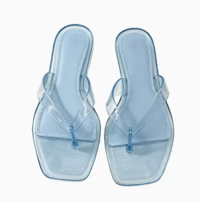 Jelly Glossy Women Flip Flops PVC Upper PU Sole Square Toe Thong Slippers Elegant Solid Color Ladies