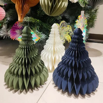 Paper Christmas Tree Decorations Honeycomb Shape Classic Style Handmade Craft Green White Navy Blue 12" Art Paper Eco-Friendly