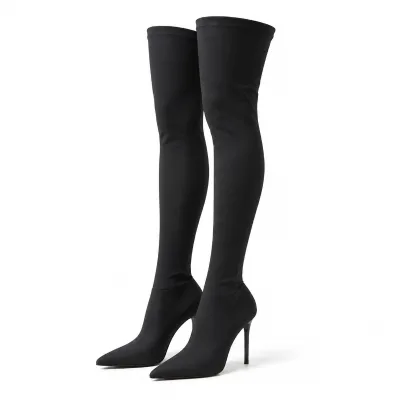 Wholesale Custom Women's Black Stretch Thigh High Boots 12cm Stiletto Heel Pointed Toe OEM Fashion Footwear China Supplier