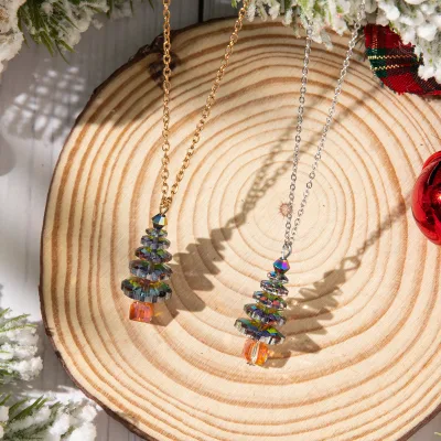 Christmas Festive Decoration Engraved Crystal Christmas Tree Necklace Alloy Collar Chain Crystal Pendant Necklace