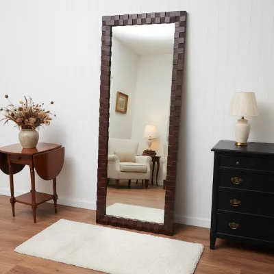 Unique Modern Mosaic Design Fir Solid Wood Rectangular Full-length Wall Hanging Mirror